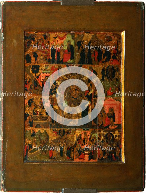 The Glorification of the Virgin (Akathist Hymn to the Most Holy Theotokos), Early 17th cen.. Artist: Russian icon  