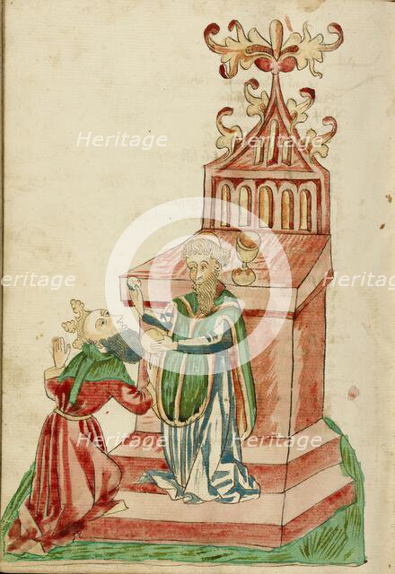 Josaphat receives Communion from Barlaam; Barlaam und Josaphat, 1469. Creators: Hans Schilling, Diebolt Lauber.