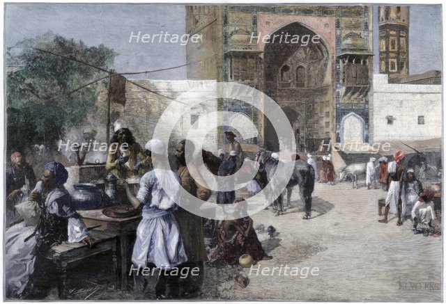 An open-air restaurant at Lahore, India, 1880.Artist: Edwin Lord Weeks