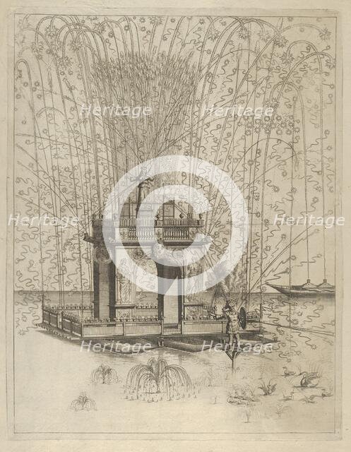 Fireworks display with triumphal arch supported by three pontoons on the water, de..., 17th century. Creator: Anon.