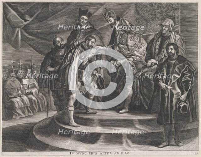 Plate 25: Philip crowned King of Spain by his father, Charles V; from Guillielmus Becanus'..., 1636. Creator: Anton van der Does.
