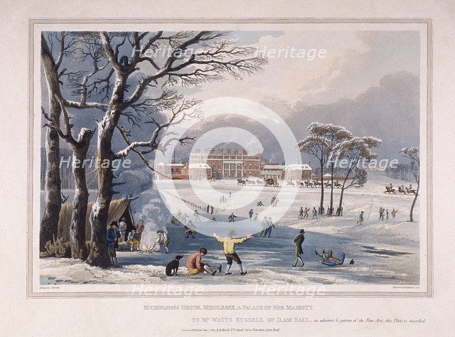 Buckingham House and St James's Park in the winter, London, 1817. Artist: Robert Havell 
