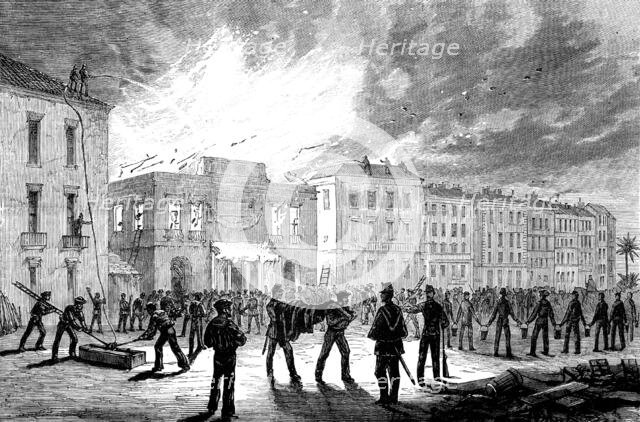 Burning of the Municipal Theatre at Nice: the fire viewed from the Rue St. Francis de Paul, 1881.  Creator: Unknown.