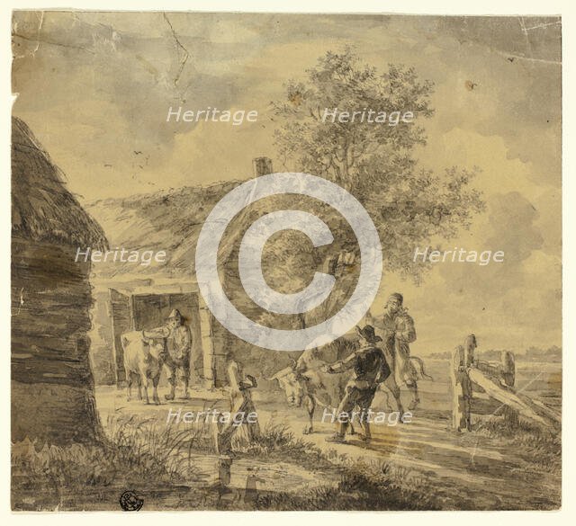 Farm with Men and Cows, n.d. Creator: Possibly Ferdinand Kobell German, 1740-1799.