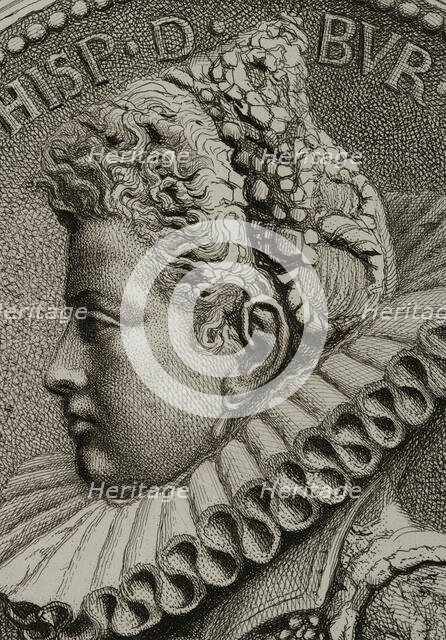 Portrait of Isabella Clara Eugenia (1566-1633), 1879. Creators: Alphonse Charles Masson, Magin Pujadas.