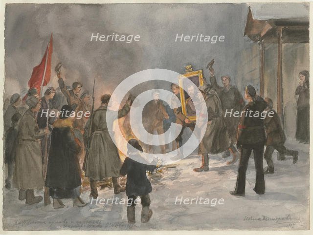 Soldiers burning paintings (from the series of watercolors Russian revolution), 1917. Artist: Vladimirov, Ivan Alexeyevich (1869-1947)
