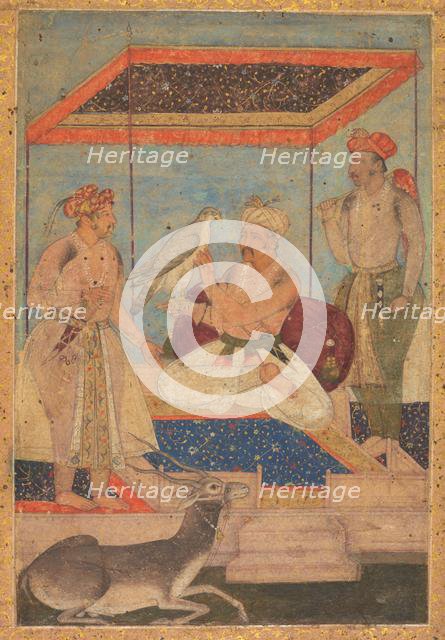 Akbar and Jahangir Examine a Ghir Falcon while Prince Khusrau Stands Behind, c. 1602-1604. Creator: Unknown.