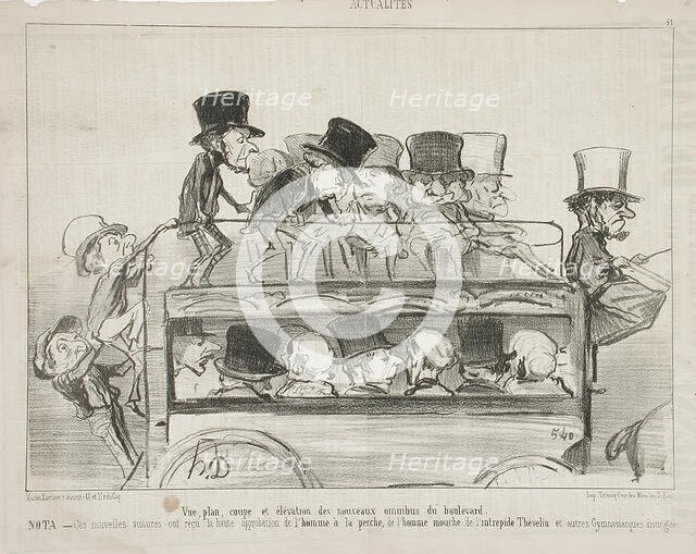 Vue plan coupé et elévation des nouveau omnibus du boulevard, 1853. Creator: Honore Daumier.