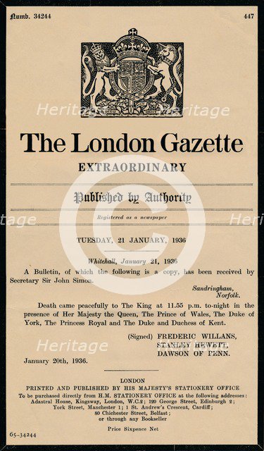 An extraordinary bulletin by The London Gazette anouncing the death of King George V (1865-1936). Artist: Unknown.
