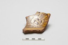 sherd, red body, white slip, yellow-brown glaze, Mamluk period, 1250-1516. Creator: Unknown.