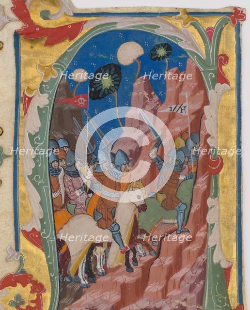 Initial A with the Battle of the Maccabees, ca. 1360-70. Creator: Unknown.