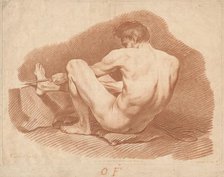 Seated Nude Man, Seen from Behind, Pulling a Rope, c. 1760. Creator: Gilles Demarteau.
