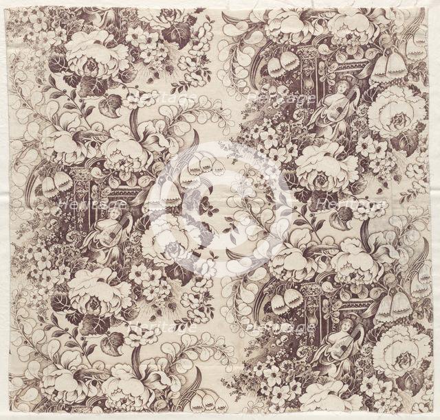 Roller-Printed Cotton with Design of Woman Playing a Lute, early 1800s. Creator: Unknown.