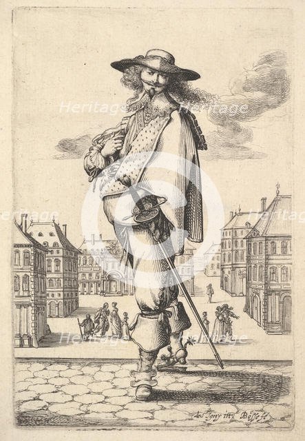 A gentleman, turned three-quarters to the left, wearing a hat and boots with spurs, carryi..., 1629. Creator: Abraham Bosse.