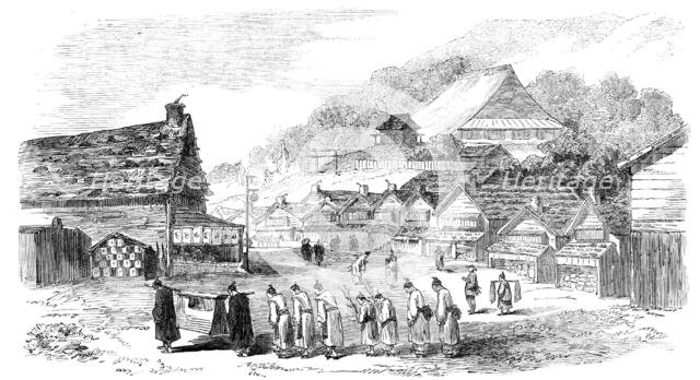 Street in Hakodade, and funeral procession, 1856.  Creator: Unknown.