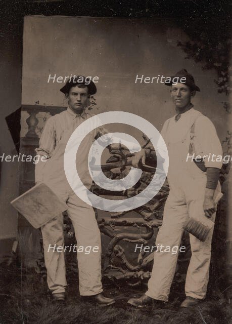 Two Plasterers in Overalls Leaning on a Rustic Fence, 1870s-80s. Creator: Unknown.