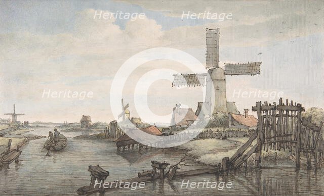View of a Canal with Three Windmills, late 18th-early 19th century. Creator: Jan Hulswit.