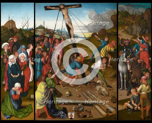 The Raising of the Cross [center, left, and right panels], c. 1480/1490. Creator: Master of the Starck Triptych.