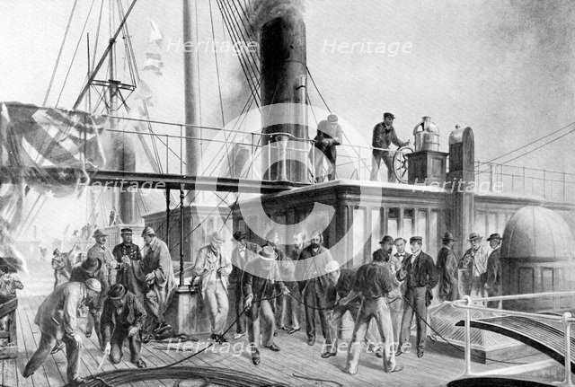 The 'Great Eastern' recovering the lost Atlantic cable, 1866, (c1920). Artist: Unknown