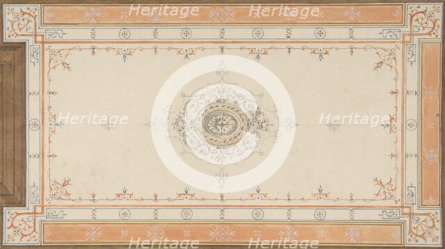 Design for the decoration of a ceiling with filagree borders and a central medallion, 1830-97. Creators: Jules-Edmond-Charles Lachaise, Eugène-Pierre Gourdet.