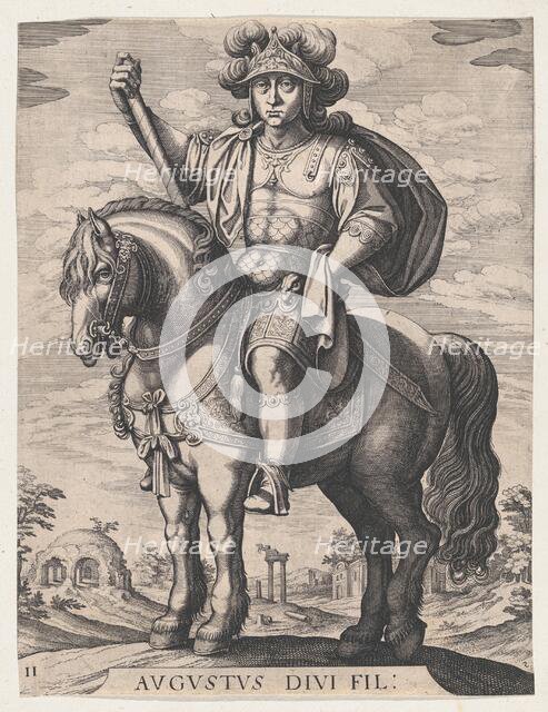 Plate 2: Emperor Augustus on Horseback, from 'The First Twelve Roman Caesars', after Te..., 1610-50. Creator: Matthaus Merian.