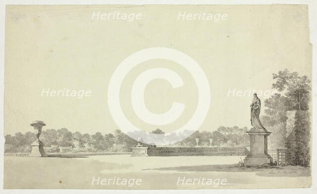 View of the Park at Versailles: Terrace with Urn, Sphinx and Female Statue, n.d. Creator: Pierre Antoine Mongin.