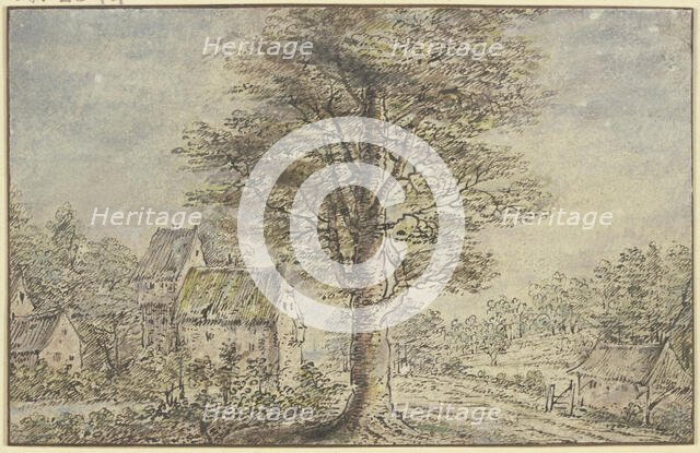 Village view, in the middle a tree. Creator: Lucas van Uden.