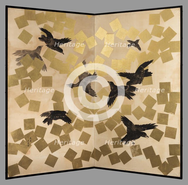 Flight of crows in a snow storm, 19th-20th century. Creator: Mochizuki Gyokusen.