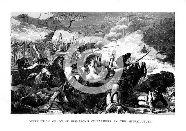 'Destruction of Count Bismarck's Cuirassiers by the Mitrailleuse', c1870, (1875). Artist: Unknown