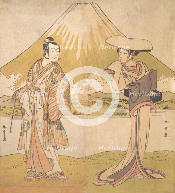 The Actor Bando Mitsugoro as a Man in Sumptuous Raiment, Standing in a Field..., ca. 1778. Creator: Shunsho.