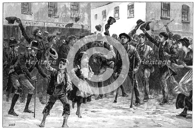 Cheering Lord Randolph Churchill's name on hearing of his resignation, Loughrea, Ireland, 1887. Artist: Unknown