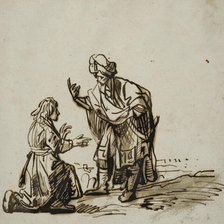 Young man kneeling before a standing man in oriental dress. Creator: Rembrandt Harmensz van Rijn.