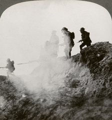 British soldiers advancing under cover of gas and smoke, France, World War I, 1916. Artist: Realistic Travels Publishers