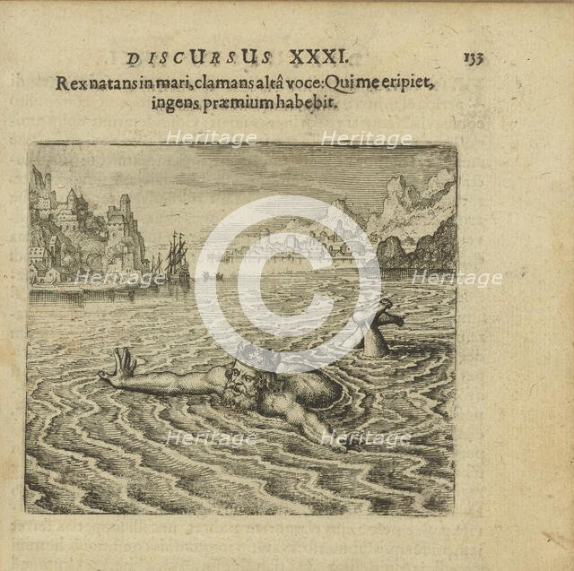 Emblem 31. The king, swimming in the sea, cries out with a loud voice: Whoever saves me..., 1816. Creator: Merian, Matthäus, the Elder (1593-1650).