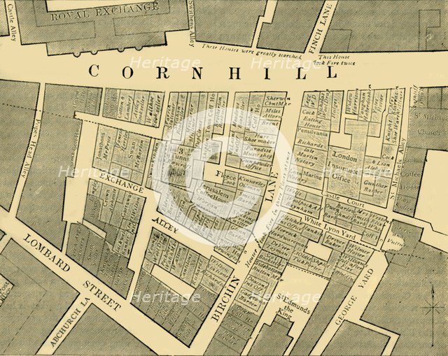 'Plan showing the Extent of the Great Fire in Cornhill in 1748', (c1872). Creator: Unknown.
