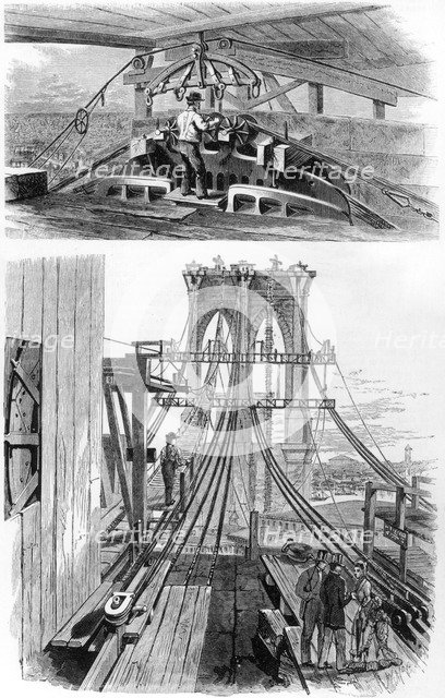 Construction of the Brooklyn Suspension Bridge, New York, USA, 1880. Artist: Unknown