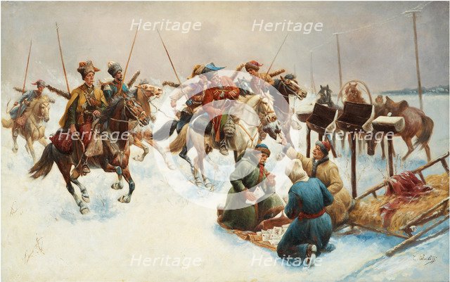Winter landscape with Cossacks. Artist: Baumgartner-Stoiloff, Adolf (1850-1924)