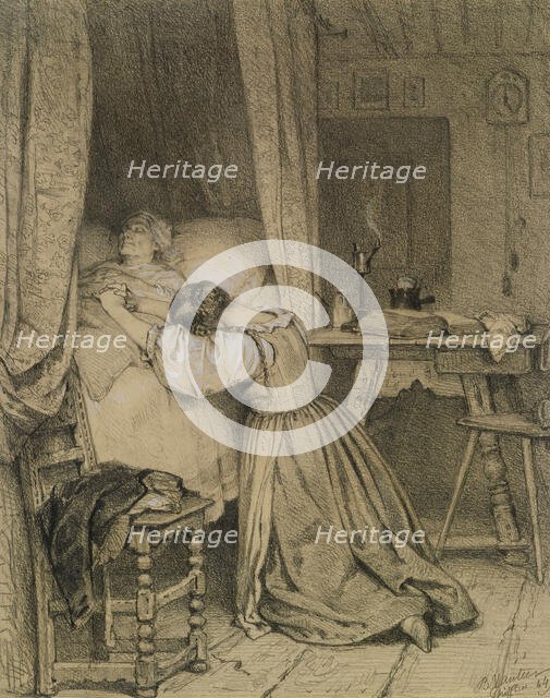 Woman Praying at a Deathbed, 1864. Creator: Benjamin Vautier.