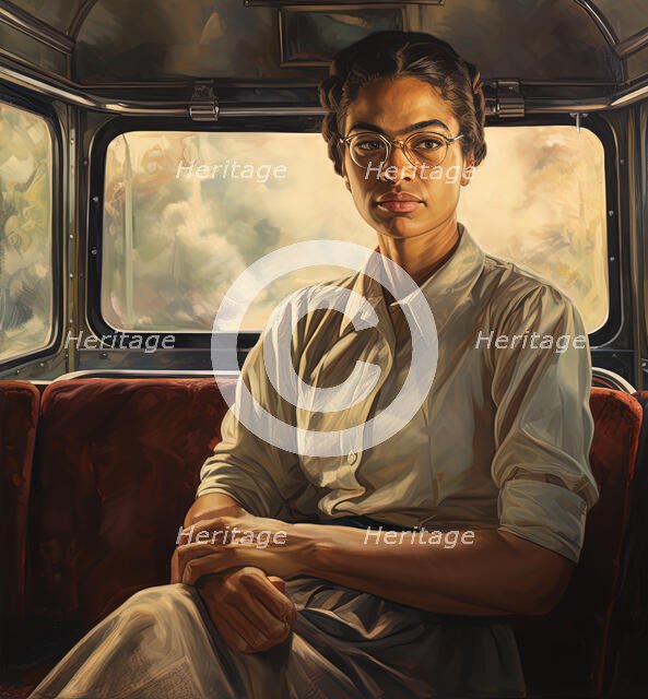 AI IMAGE - Portrait of Rosa Parks sitting on a bus, 1950s, (2023). Creator: Heritage Images.
