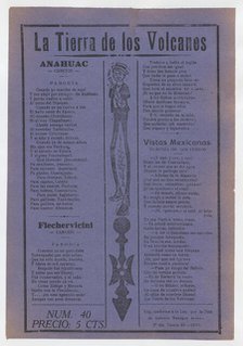 Broadsheet with comic ballads about Mexico, figure with long legs playing the ..., 1920 (published). Creator: José Guadalupe Posada.