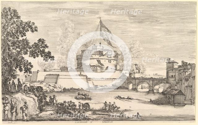 View of the Tiber river, a large tree to left, two groups of women to left in the fore..., ca. 1656. Creator: Stefano della Bella.