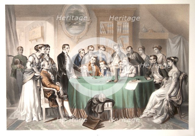 Allessandro Volta amazes Napoleon Bonaparte with his battery, c. 1850.