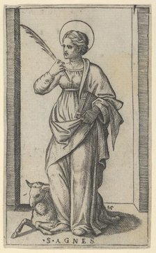 Saint Agnes standing a holding a palm in her right hand, a sheep lower left, from..., ca. 1500-1527. Creator: Marcantonio Raimondi.