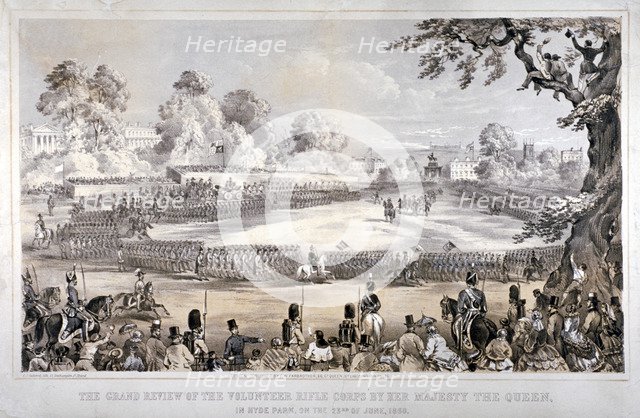 View of Hyde Park during the Volunteer Rifle Corps review by Queen Victoria, London, 1860.           Artist: CJ Culliford