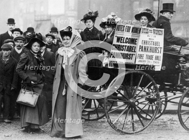 Christabel Pankhurst with a group of suffragettes, London, 1909. Artist: Unknown