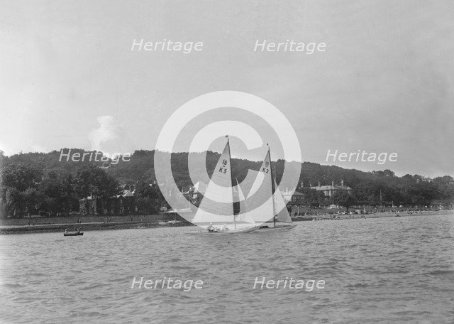 The 18-foot keelboats 'Vanity' (K5) and 'Prudence' (K2) racing, 1922. Creator: Kirk & Sons of Cowes.
