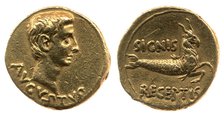 Gold coin of Augustus (Octavian). Head of Augustus (obverse), Capricorn (reverse) , 19 BC-18 BC. Creator: Numismatic, Ancient Coins  .