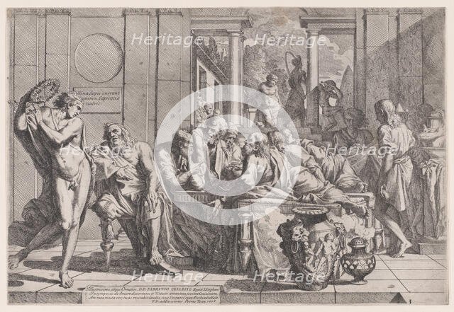 Plato's symposium: Socrates and his companions seated around a table discussing ideal love..., 1648. Creator: Pietro Testa.