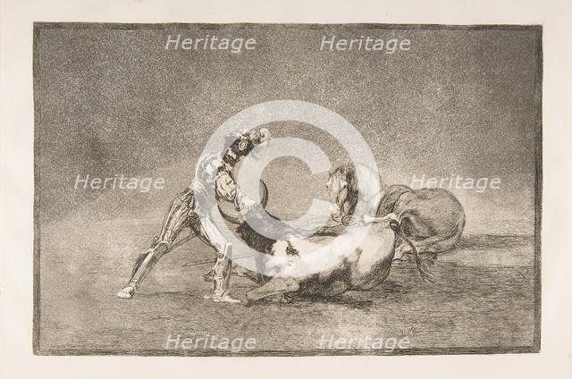 Plate 9 of the 'Tauromaquia': A Spanish knight kills the bull after having lost his horse., 1816. Creator: Francisco Goya.