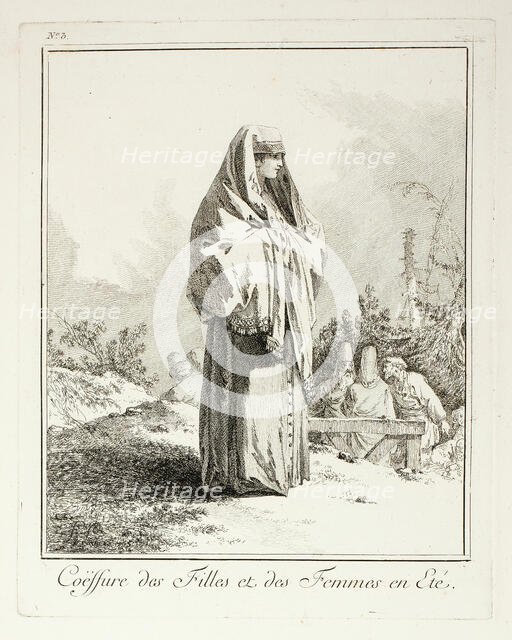 Headdress for Girls and Women in summer, plate three from Divers Habillements des Peuples ..., 1765. Creator: Jean Baptiste Le Prince.